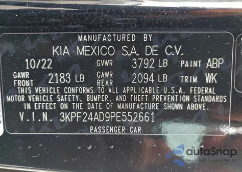 2023 Kia Forte Lx z USA, uszkodzony, nr VIN 3KPF24AD9PE552661